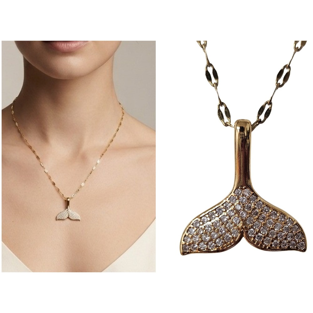 Whale Tail Dainty Gold Necklace Pave CZ Nautical Pendant Minimalist Quiet Luxury